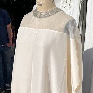 Vintage 1960s Poly/Rayon Caftan with Sheer Yoke and Beaded Neckline